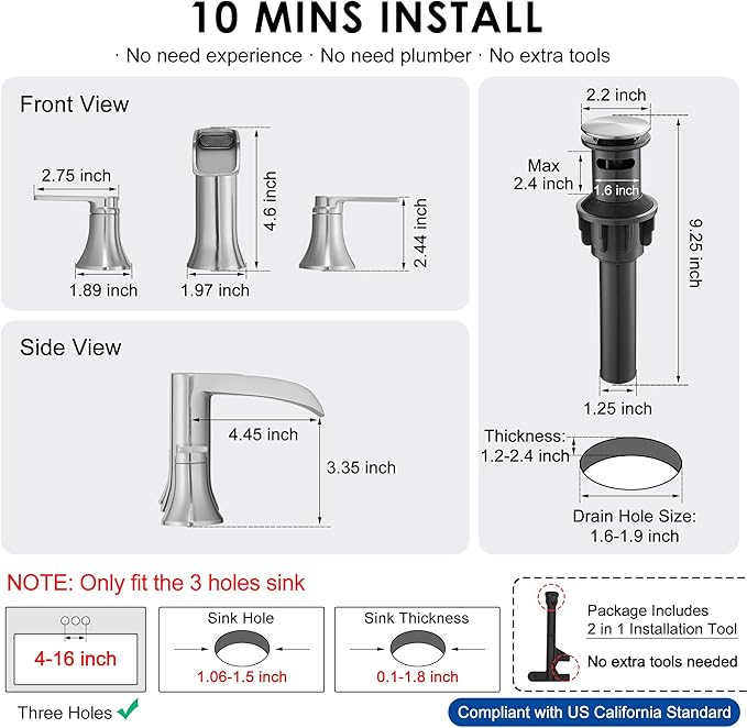 Brushed Nickel Bathroom Faucet 3 Hole, 4-8 Inch Waterfall Bathroom Sink Faucet Widespread with Drain & cUPC Supply Hose, 2 Handles for Vanity, Lavatory, Restroom, Brass Material, 10 Mins Install