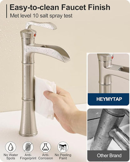 Brass Vessel Sink Faucet Brushed Nickel, Waterfall Bathroom Sink Faucet 1 Hole, Single Handle Bathroom Faucet, Tall Faucet for Bathroom Sink with Pop-Up Drain & Water Hoses for Save Water