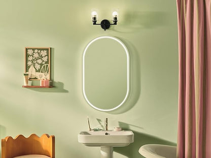 Kichler Gioe 14.25" 2-Light Vanity Light with Clear Fluted Glass in Black, Damp Rated, for Bathroom, Powder Room, Over a Mirror, (14.25" W x 10.5" H), 55225BKFLU