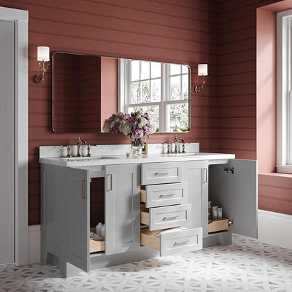 ARIEL Taylor 72-inch Bathroom Vanity with Sink,Solid Wood, 1.5-inch Italian Carrara Marble Countertop & Backsplash, Double Rectangular Porcelain Sink, 4 Soft Closing Doors, 6 Dovetail Drawers, Grey