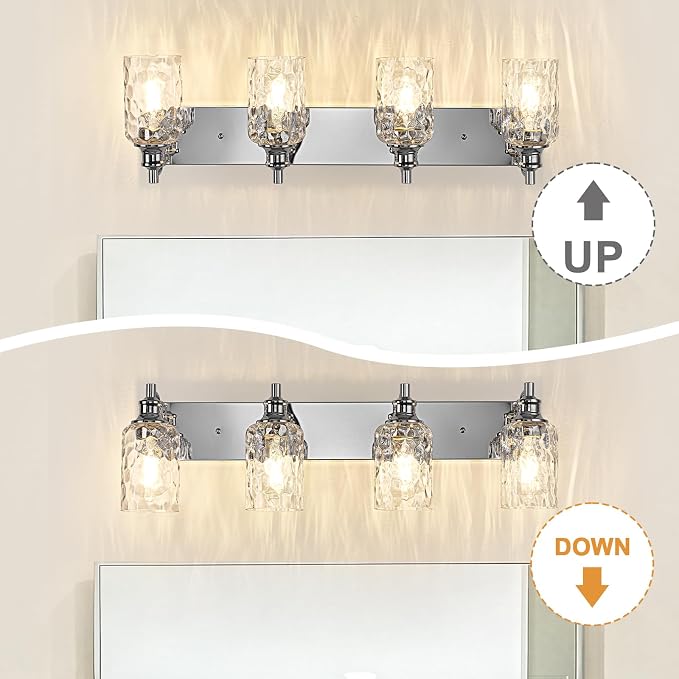 Bathroom Light Fixtures Over Mirror, 4 Lights Vanity Lights with Hammered Glass Shade, 30.8" Chrome Farmhouse Bathroom Light Fixtures for Bedroom, Porch, Hotel, Mirror Cabinet
