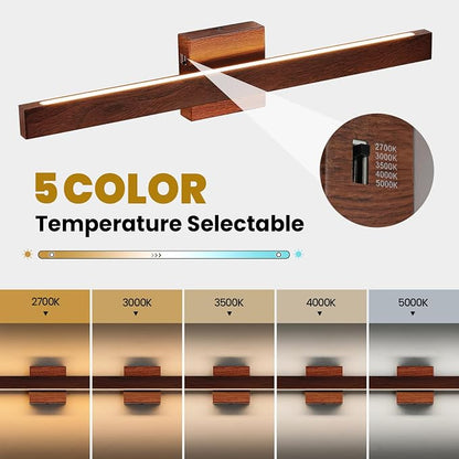 Bathroom Vanity Light 24 Inch Brown Wood Finish Bathroom Light Fixture Over Mirror with Up & Down Lighting 20W Dimmable 5CCT LED Vanity Lighting Fixture Bar for Restroom Bedroom