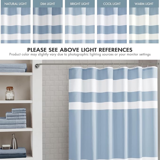 Madison Park Spa Waffle Weave Long Shower Curtain, 72 x 78, Blue | Striped, Pieced Fabric Design, 3M Scotchgard Moisture Management, Hotel Quality, Modern, for Bathroom, OEKO-TEX Certified