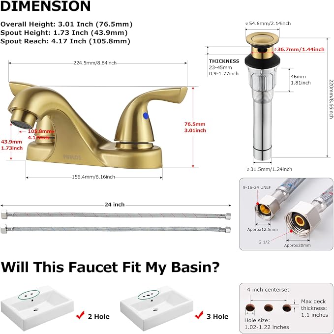 Brushed Gold Bathroom Faucet 4 Inch Centerset for Lavatory Sink | Mid Arc, 2 Handle Lead-Free RV Bathroom Faucet with Metal Pop Up Drain Supply Lines, for 2 or 3 Hole Lavatory Utility Sink