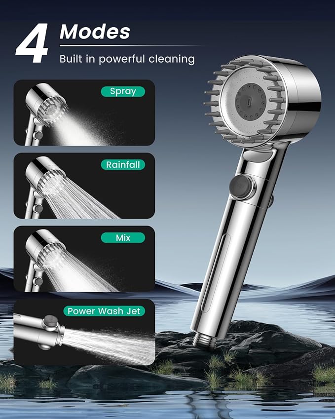 Filtered Shower Head with Handheld 4PCS Filters ShowerHead | 4 Spray, High Pressure Shower Heads with ON/OFF Button, Water Softener for Hard Water, 70" Hose, Remove Chlorine