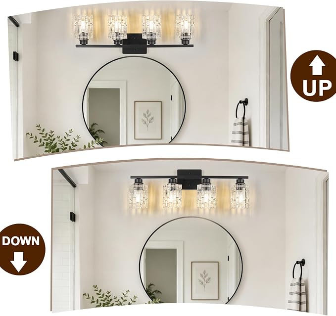 Refice 4-Light Bathroom Vanity Lights Crystal Glass, Black | Bathroom Light Fixtures Vanity Lighting Over Mirror for Living Room Farmhouse, Hallway
