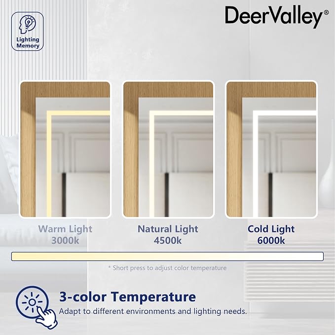 DeerValley 24" W x 36" H Led Lighted Medicine Cabinet with Mirror | Bathroom Medicine Cabinet with Defogger & 3-Color, Wall Mounted Mirrored Medicine Cabinets with Lights, DV-1VM0187