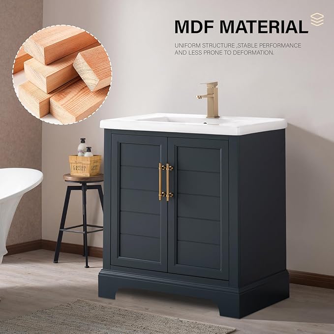 HOMEBEYOND 30 Inch Bathroom Vanity with Single Sink & Ceramic Top, Vanity Cabinet with Center Countertop Basin, Soft-Closing Doors, Vintage Spruce Blue