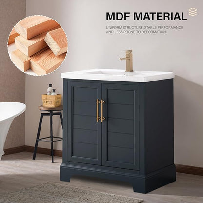 HOMEBEYOND 30 Inch Bathroom Vanity with Single Sink & Ceramic Top, Vanity Cabinet with Center Countertop Basin, Soft-Closing Doors, Vintage Spruce Blue