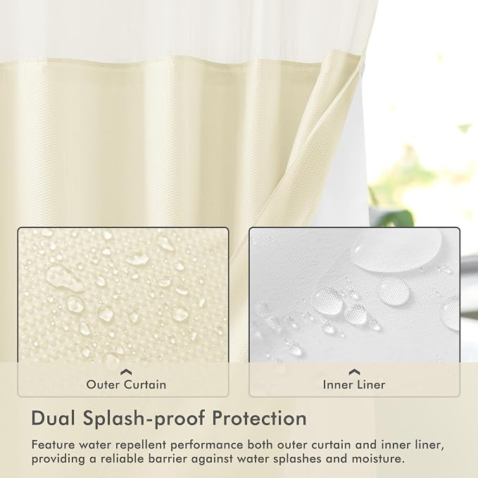 No Hook Cream Shower Curtain with Snap-in Fabric Liner 71x74 | Embossed Waffle-Look Textured, Sheer Window, Soft & Lightweight, Water Repellent Fabric Shower Curtain for Bathroom