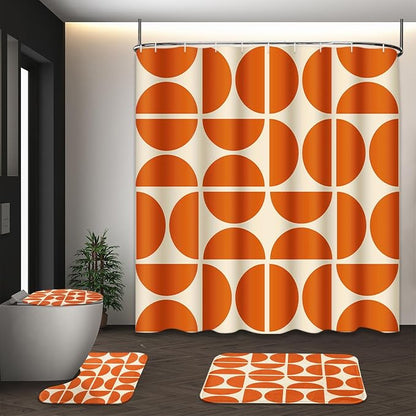 Bathroom Sets with Shower Curtain and Rugs, 4 Pcs, Minimalist Boho | Abstract Vintage Geometric Bathroom Decor Set with Toilet Lid Cover, Non-Slip Bath Mats and Accessories 12 Hooks