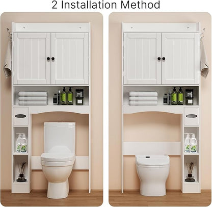 Ahomly Over The Toilet Storage Cabinet, 32.3" W x 70.3" H Over Toilet Bathroom Organizer with Doors, Adjustable Shelves, Toilet Paper Holder, 2 Side Hooks, Space-Saver for Bathroom, Laundry, White