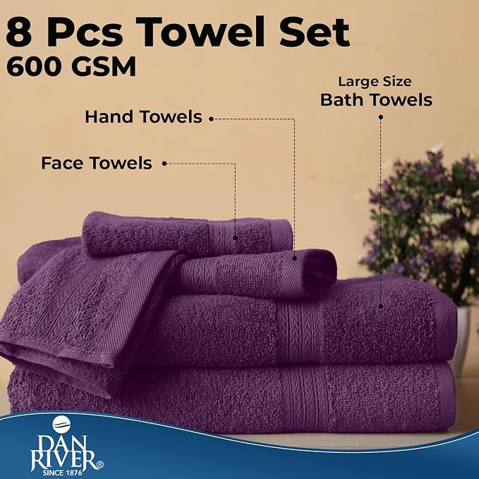 DAN RIVER 8 Piece Luxury Bath Towels for Bathroom, Towel Set, Purple | 2 Bath towels, 2 Hand towels, and 4 Wash Cloths, 600 GSM 100% Ring Spun Cotton, Highly Absorbent, Gym, Hotel, guest, and Spa