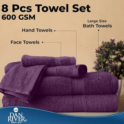 DAN RIVER 8 Piece Luxury Bath Towels for Bathroom, Towel Set, Purple | 2 Bath towels, 2 Hand towels, and 4 Wash Cloths, 600 GSM 100% Ring Spun Cotton, Highly Absorbent, Gym, Hotel, guest, and Spa