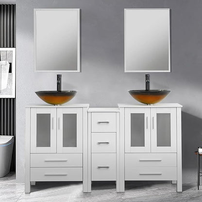 UEV 60" White Bathroom Vanity Set, Double Vanity with Double Vessel Sink Combo and Removable Side Cabinet, Mirror Not Included(T48)