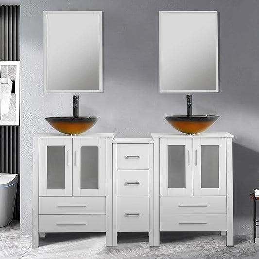 UEV 60" White Bathroom Vanity Set, Double Vanity with Double Vessel Sink Combo and Removable Side Cabinet, Mirror Not Included(T48)