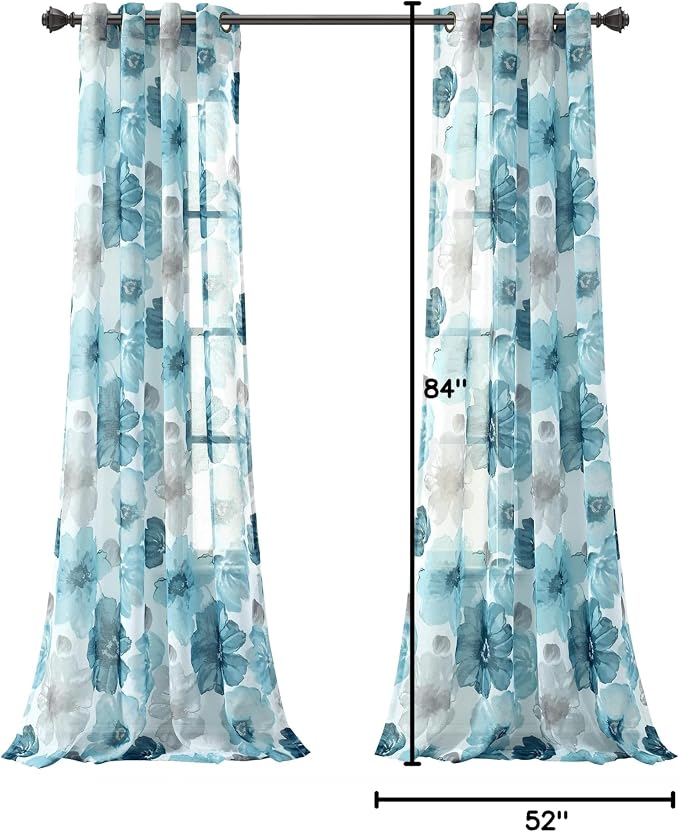 Lush Decor Leah Floral Sheer Window Curtain Panels Pair 52"W x 84"L Blue - Floral Curtains for Bedroom - Sheer Curtains for Living Room
