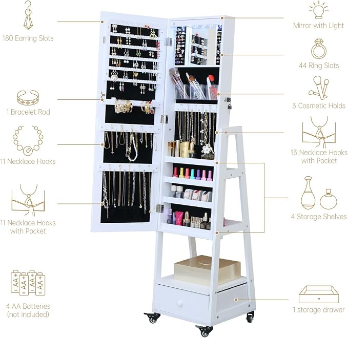 Mirror Jewelry Cabinet 62 Inch Full Length Mirror with Standing Jewelry Armoire Organizer, Lockable Jewelry Storage Cabinet With Drawer Wheels White