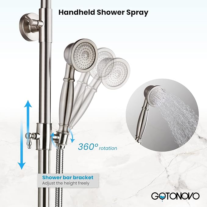 gotonovo Exposed Shower System with Shelf and Tub Spout,Brushed Nickel | Bathroom Shower Faucet Set with Shelf,8’’ Rain Head with Handheld Spray,2 Cross Handle,6’’ Hole Distance,Adjustable Height