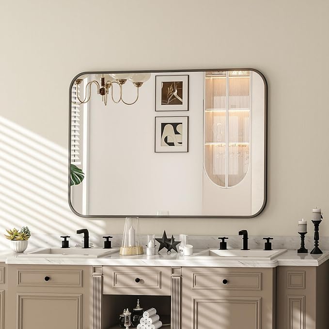 24x36 Inch Black Bathroom Vanity Mirror for Over Sink | Rectangle Wall Mirror for Bathroom with Round Corner, Hangs Horizontally Vertically for Living Room, Bedroom as Home Decor
