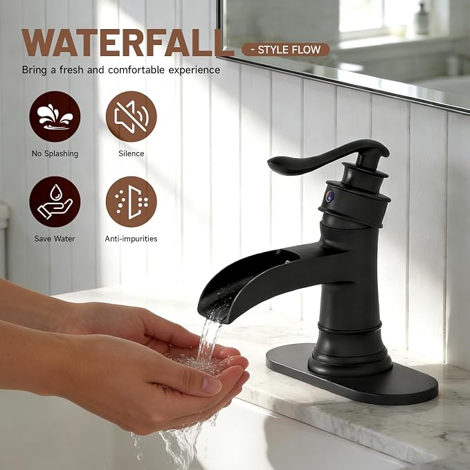 Waterfall Bathroom Sink Faucet Black Bathroom Faucet 1 Hole | Single Handle,with Pop Up Drain Stopper Vanity Water Supply Hose,Lead-Free Solid Brass,Farmhouse Faucet Deck Mount