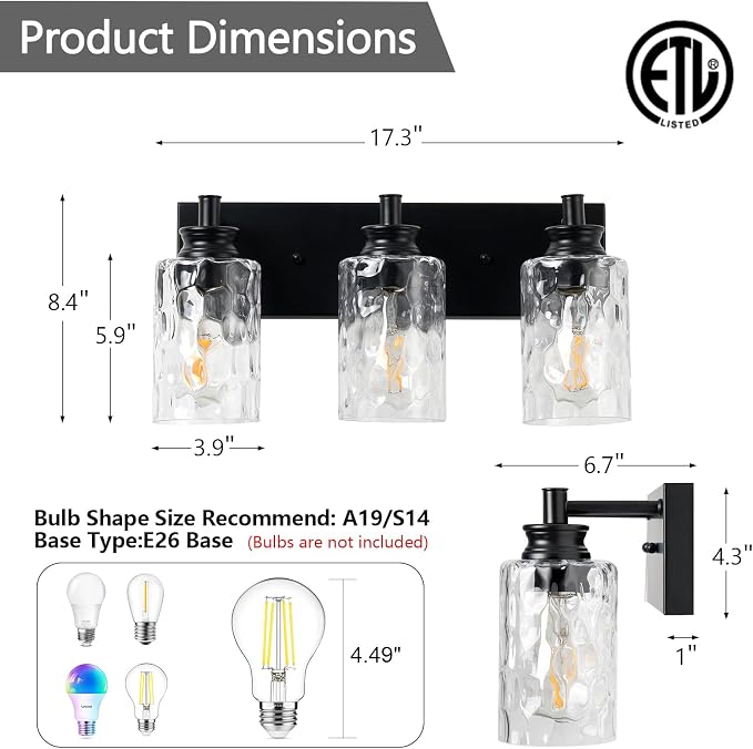 3 Light Bathroom Vanity Light Modern Black Bathroom Light Fixtures Over Mirror with Hammered Glass Lampshade for Kitchen Hallway