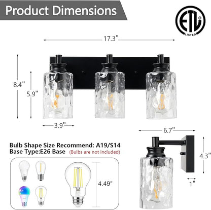 3 Light Bathroom Vanity Light Modern Black Bathroom Light Fixtures Over Mirror with Hammered Glass Lampshade for Kitchen Hallway