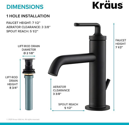 KRAUS Ramus Single Handle Bathroom Sink Faucet with Lift Rod Drain in Matte Black, KBF-1221MB