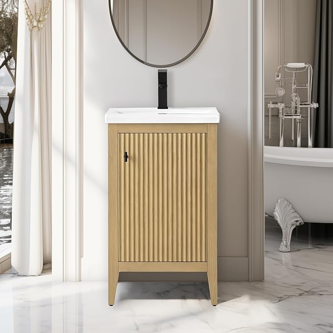 Vanity Art 20 inch Oak Bathroom Vanity with Single Sink & Ceramic Top, Vanity Cabinet with Soft-Closing Door, Solid Wood Frame, Linear Pattern, Natural Oak, VA9120-NO-MB,Matte Black Handles