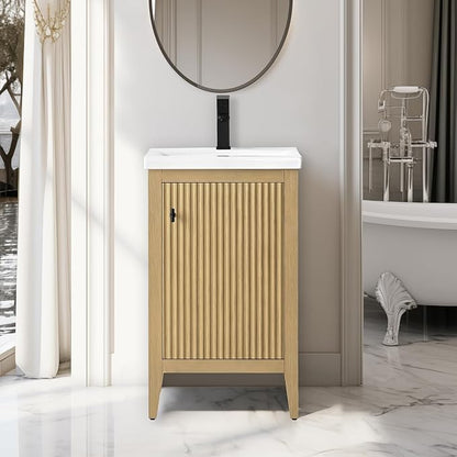 Vanity Art 20 inch Oak Bathroom Vanity with Single Sink & Ceramic Top, Vanity Cabinet with Soft-Closing Door, Solid Wood Frame, Linear Pattern, Natural Oak, VA9120-NO-MB,Matte Black Handles