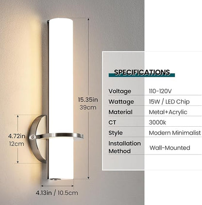 Brushed Nickel Wall Sconces Set of Two - 15 inch Modern Bathroom Sconce 15W 3000K Dimmable LED Sconces Wall Lighting, Indoor Wall Sconce Light for Living Room Corridor Mirror Bedroom Stairs