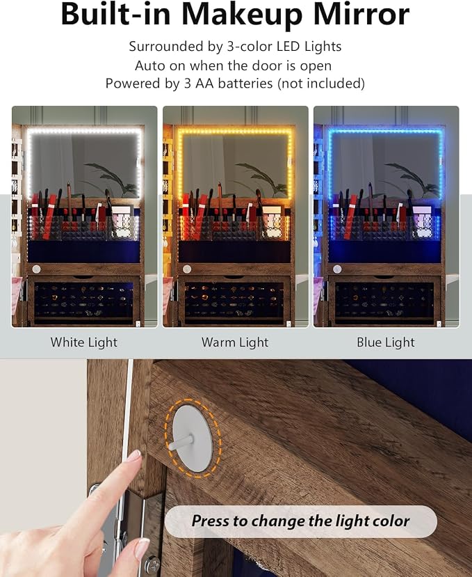 Jewelry Armoire with Full-Length Mirror, Lock and 360° Swivel Base - Walnut | SKKTKT Lockable Jewelry Cabinet - Lighted Mirror, Rotating Storage and Standing Organizer