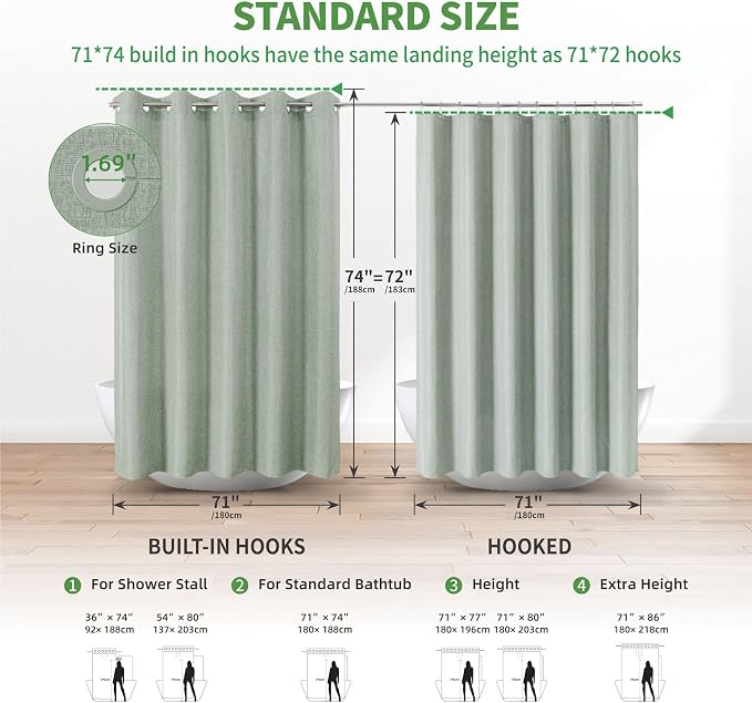 Extra Long No Hooks & No Liner Needed Fabric Shower Curtain,71x86,SageGreen | Linen Texture,100% Waterproof TPU Laminated Layer,Bottom Magnets,Machine Washable,Hotel Style Bathroom Curtain For Shower,Tub