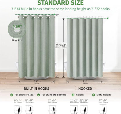Extra Long No Hooks & No Liner Needed Fabric Shower Curtain,71x86,SageGreen | Linen Texture,100% Waterproof TPU Laminated Layer,Bottom Magnets,Machine Washable,Hotel Style Bathroom Curtain For Shower,Tub