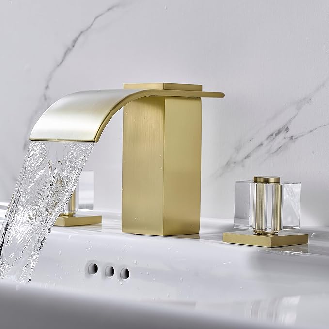 Brushed Gold Waterfall Bathroom Faucet 3 Hole Widespread Sink Faucet with Crystal Handles, Modern Bathroom Sink Faucet, 2 Handle Deck Mount Lavatory Faucet for Vanity Sink