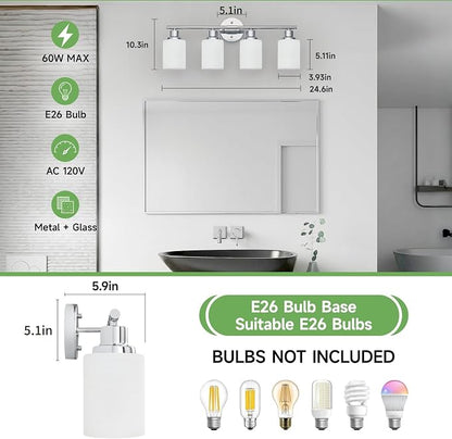 4-Light Chrome Vanity Lights for Mirror, Bathroom Light Fixtures with Textured Milky White Glass Shade, Modern Kitchen Light Fixtures Wall Sconce Light
