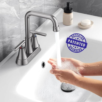 Bathroom Sink Faucet, Hurran Brushed Grey Bathroom Faucets for Sink 3 Hole with Pop-up Drain and Supply Hoses, 360 Swivel Spout 2-Handle Centerset Faucet for Vanity RV Farmhouse