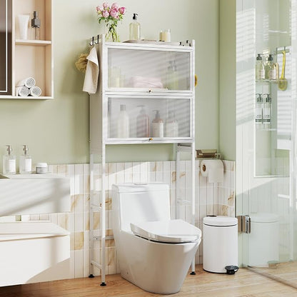 BECOMFORT Over The Toilet Storage Cabinet, Above Toilet Bathroom Shelf with Flip-up PC Doors, Metal Stand & 4 Hooks, Freestanding Space Saver, Over Toilet Bathroom Organizer for Laundry Room (White)