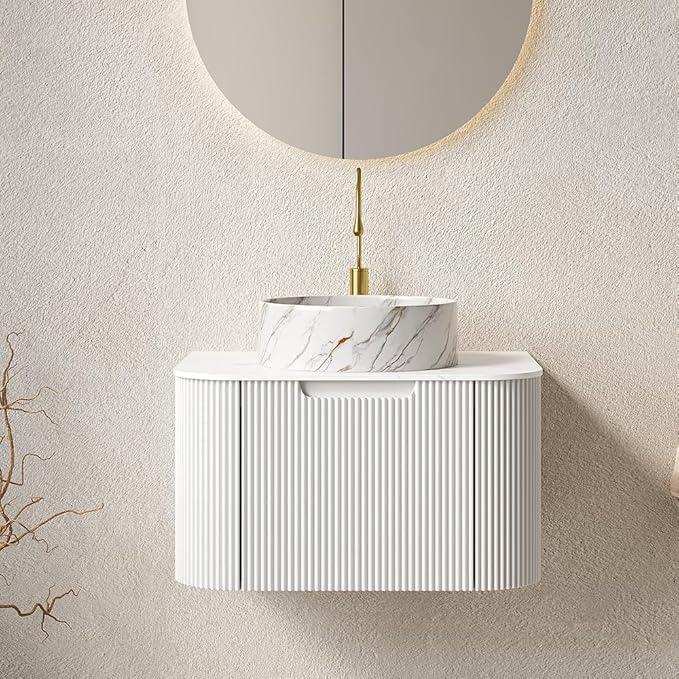 24'' Bathroom Vanities Cabinet with Sink Combo, Wall Mounted Floating Cabinet W/Curved Edges Stripes, Oak Plywood, Soft-Close System with a Drawer, White Round Ceramic Basin - Kiel, White/S