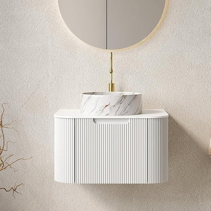24'' Bathroom Vanities Cabinet with Sink Combo, Wall Mounted Floating Cabinet W/Curved Edges Stripes, Oak Plywood, Soft-Close System with a Drawer, White Round Ceramic Basin - Kiel, White/S