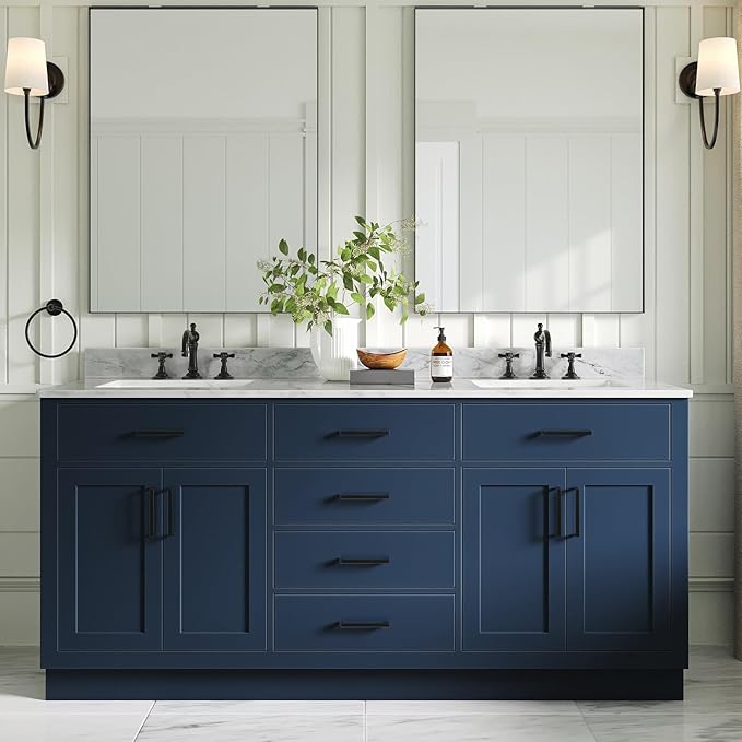 ARIEL Hepburn 72-inch Bathroom Vanity with Sink,Solid Wood, 0.75-inch Italian Carrara Marble Countertop, Double Rectangular Porcelain Sink, 4 Soft Closing Doors, 6 Dovetail Drawers, Midnight Blue