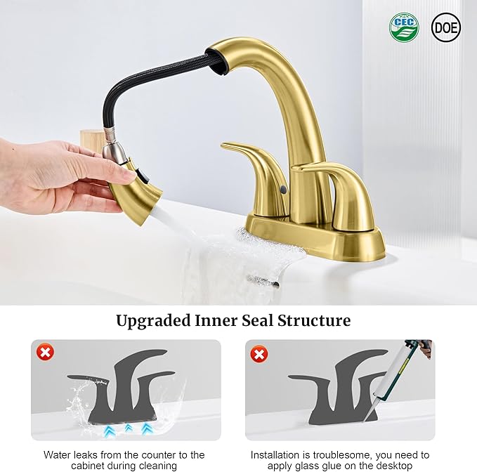 Ultimate Unicorn Brushed Gold Bathroom Sink Faucet - 4 Inch Centerset Pull Down Vanity Faucets 3 Hole with Pop Up Drain - Two Handle Modern Washbasin Tap Set with Pull Out Sprayer for Rv Restroom