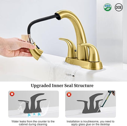Ultimate Unicorn Brushed Gold Bathroom Sink Faucet - 4 Inch Centerset Pull Down Vanity Faucets 3 Hole with Pop Up Drain - Two Handle Modern Washbasin Tap Set with Pull Out Sprayer for Rv Restroom
