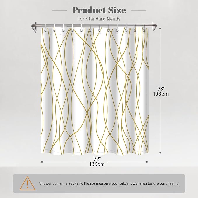 Striped Shower Curtain for Bathroom, Gold Light Brown White, 72x78 | with Hooks, Modern Hotel Style, Water Repellent, Washable, Weighted Hem