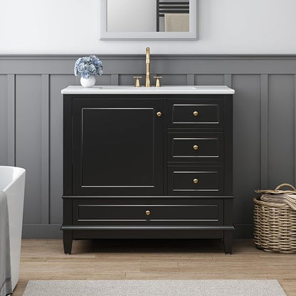 Bathroom Vanity with Ceramic Sink 36 Inch, Cabinet with One Door and Three Drawers, Soft-Closing Door, Solid Wood Legs, Black