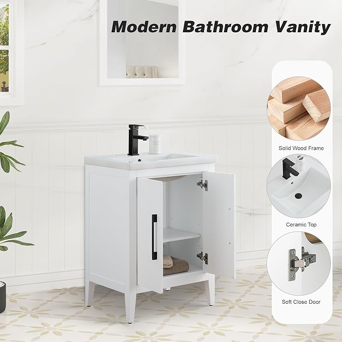 HomeBeyond 24 Inch Bathroom Vanity with Sink & Ceramic Top, Single Vanity Cabinet with Basin, Soft-Closing Doors & Matte Black Hardware, White