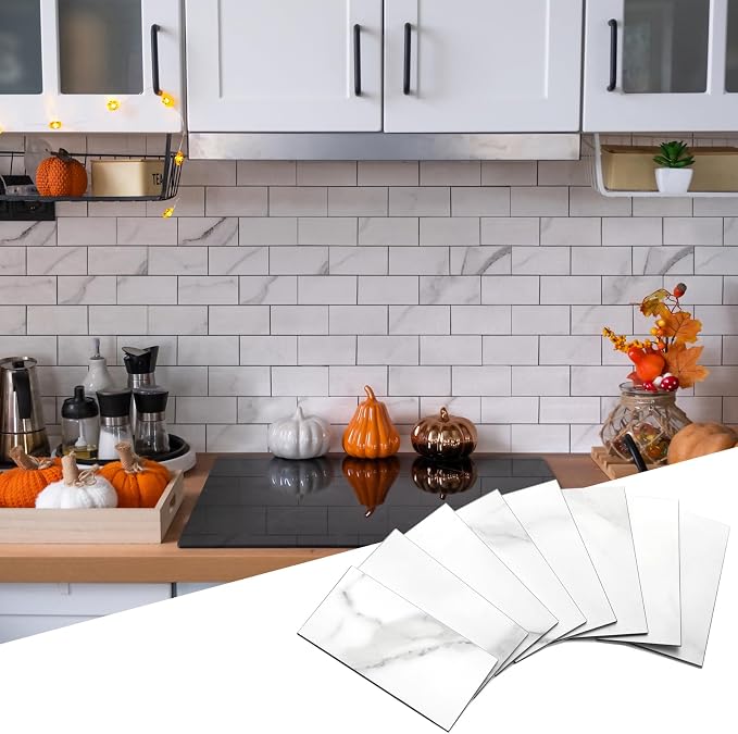 Yipscazo Peel and Stick backsplash 3 x 6 Inches 3D PVC Composite Wall Tile Stick on Backsplash Tile for Kitchen Bathroom, Laundry Room, Fireplace(Skin Marble White Gray, 160 Pieces)