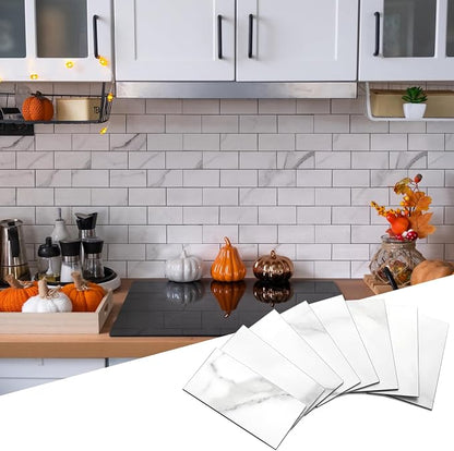 Yipscazo Peel and Stick backsplash 3 x 6 Inches 3D PVC Composite Wall Tile Stick on Backsplash Tile for Kitchen Bathroom, Laundry Room, Fireplace(Skin Marble White Gray, 160 Pieces)