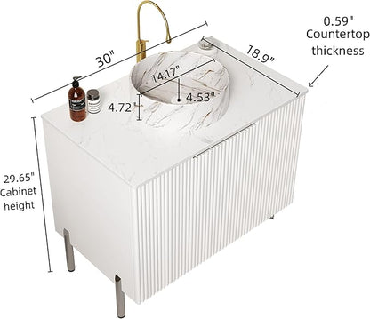30-Inch Bathroom Vanity with Sink, Freestanding Bathroom Vanities with Marble Ceramic Basin and Sintered Stone Countertop, Soft Closing Door, Modern Bathroom Cabinet, White