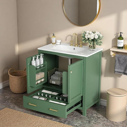 30" Freestanding Bathroom Vanity with Sink, Floor Stand Bathroom Storage Cabinet with Ceramic Sink, Doors with Double-Layered Storage Shelves, Modern Compact Vanity with Divided Drawer, Green